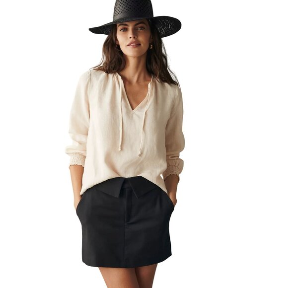 Anthropologie Cloth and Stone Blouse Size Large Linen Tie Neck Peasant Blouse Pi - Picture 1 of 10